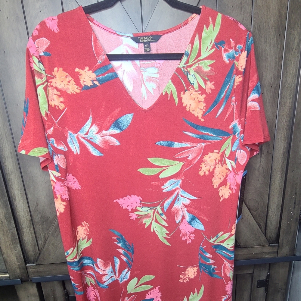 Christian Siriano Women's Dress Size‎ L Red Floral Stretch Short Sleave